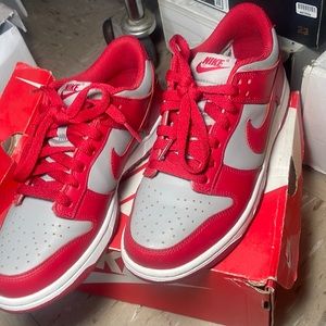 Grey and red low dunks